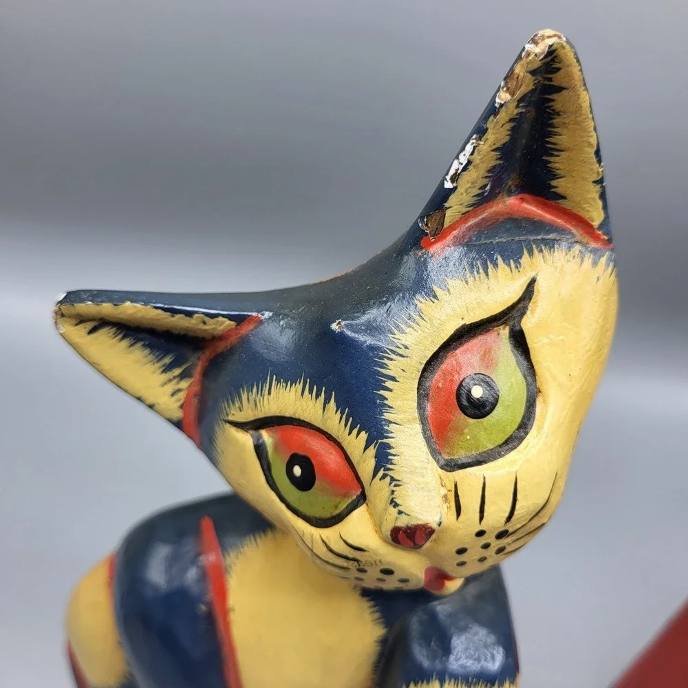 Wooden Cat Bookends Hand Painted Folk Art Colorful Shelf Decor Blue Yellow Red